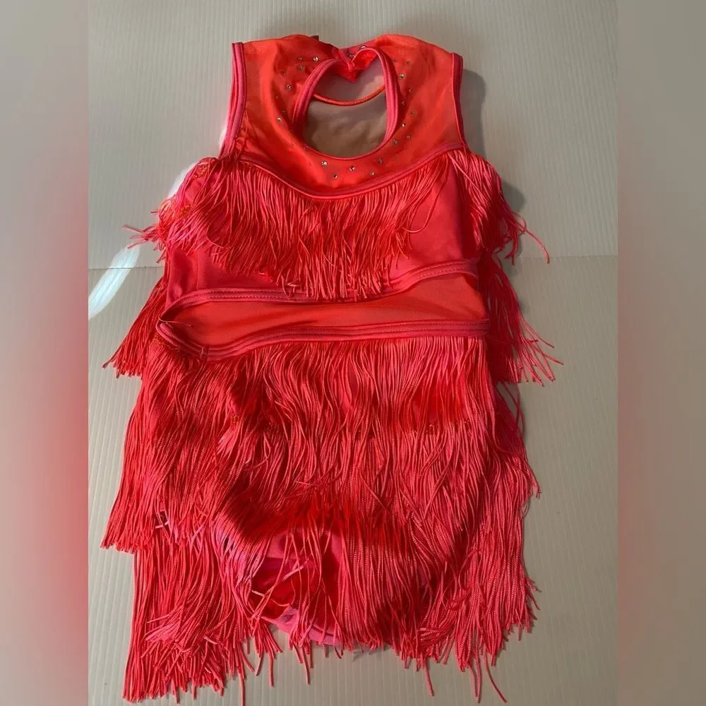 WEISSMAN Dance Costume stoned fringe coral pink Call Me 16736 IC- child 7/8